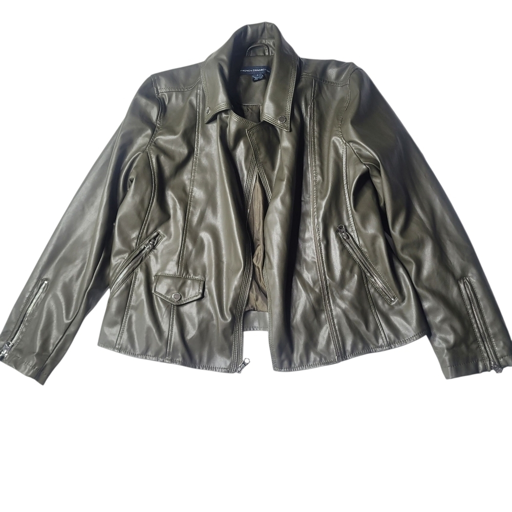 French Connection Moto Green Faux Leather Jacket LARGE
